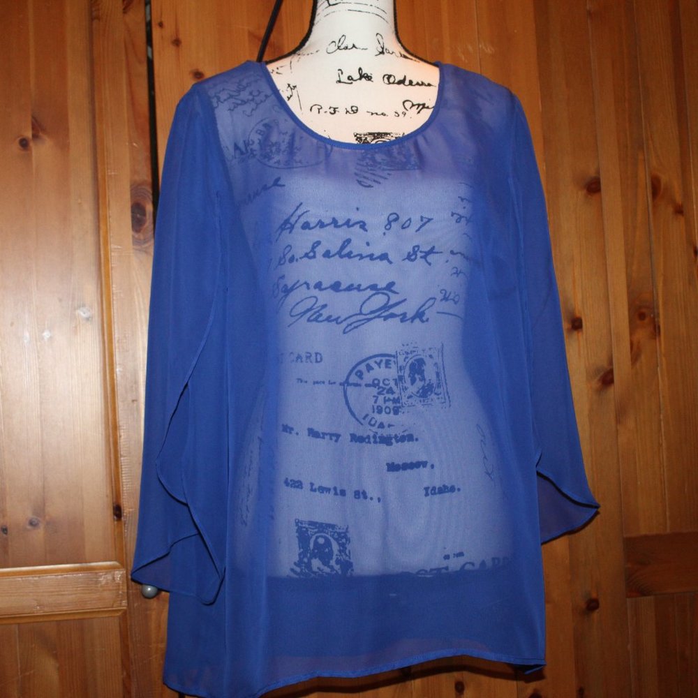 AB Studio Sheer Cobalt Top NWT with Tulip Sleeves Size XL